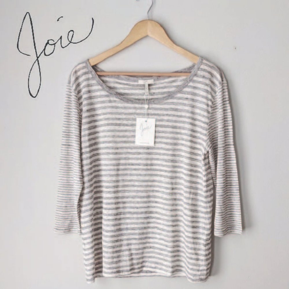 NWT Joie Linen 3/4 Sleeve Gray Striped Shirt SZ M